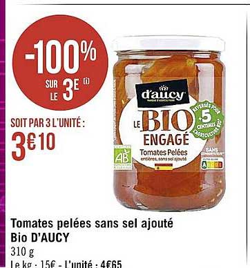 tomates pelées sans sel ajouté bio d'aucy