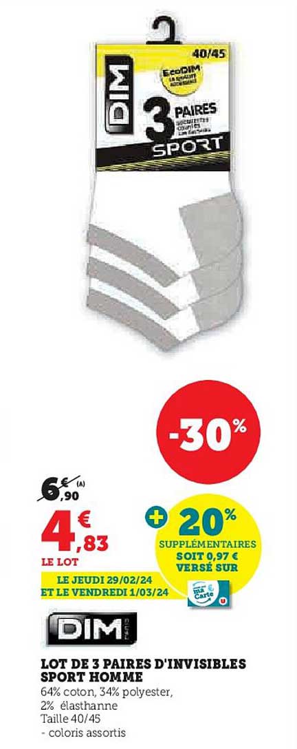 lot de 3 paires d'invisibles sport homme dim paris