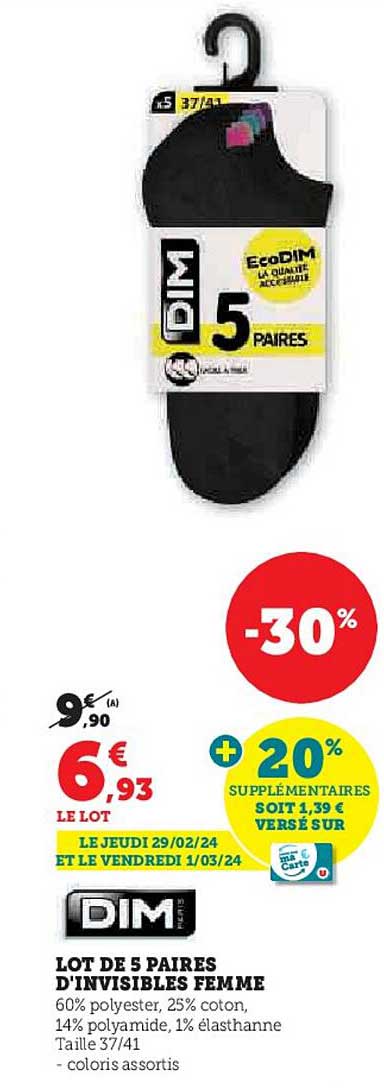 lot de 5 paires d'invisibles femme dim paris