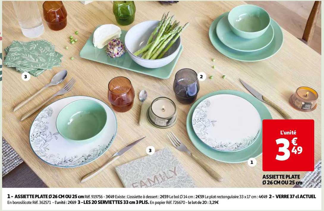 assiette plate ø26 cm ou 25 cm, verre 37 cm actuel, les 20 serviettes 33 cm 3 plis