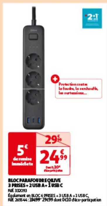 bloc parafoudre qilive 3 prises + 2 usb a+ 1 usb c