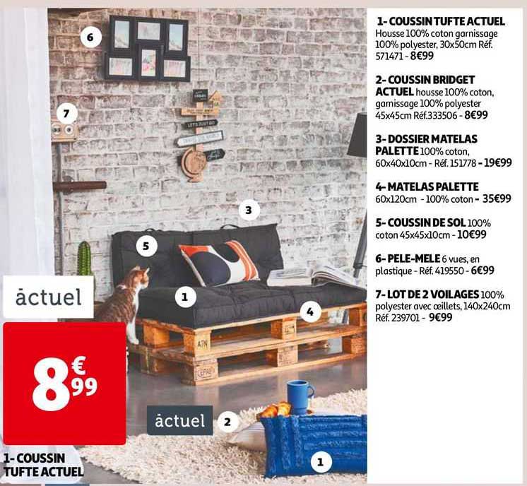 coussin tufte actuel, coussin bridget actuel, dossier matelas palette, matelas palette, coussin de sol, pêle-mêle, lot de 2 voilages