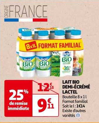 lait bio demi-écrémé lactel