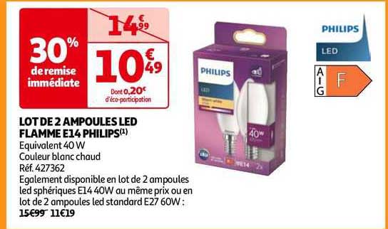 lot de 2 ampoules led flamme e14 philips