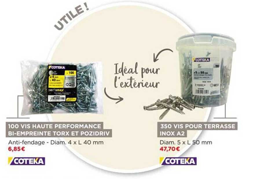 100 vis haute performance bi-empreinte torx et pozidriv, 350 vis pour terrasse inox a2 coteka
