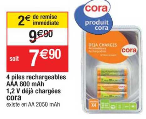 4 piles rechargeables aaa 800 mah 1,2 v déjà chargées cora