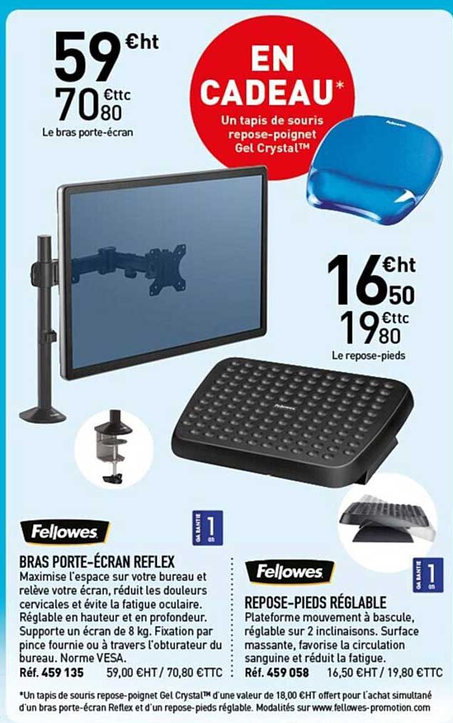 bras porte-écran reflex, repose-pieds réglable fellowes