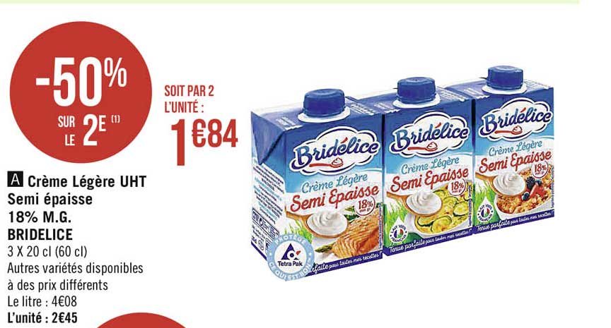 crème légère uht semi épaisse 18% m.g. bridélice