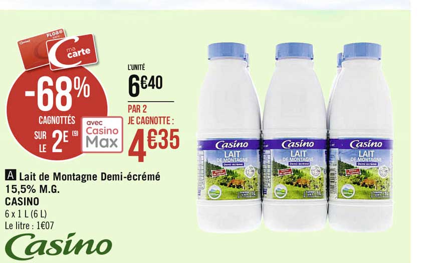 lait de montagne demi-écrémé 15,5% m.g. casino