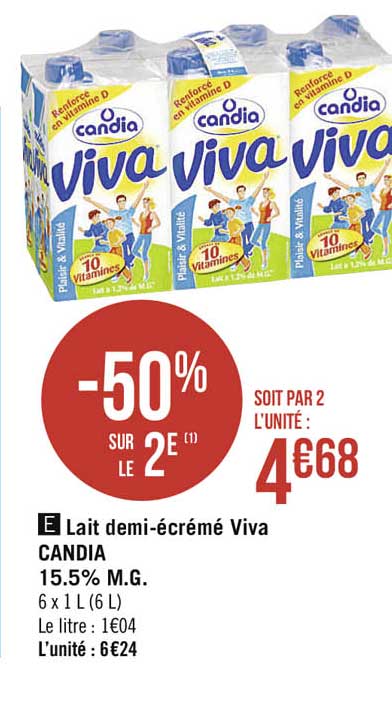 lait demi-écrémé viva candia 15.5% m.g.