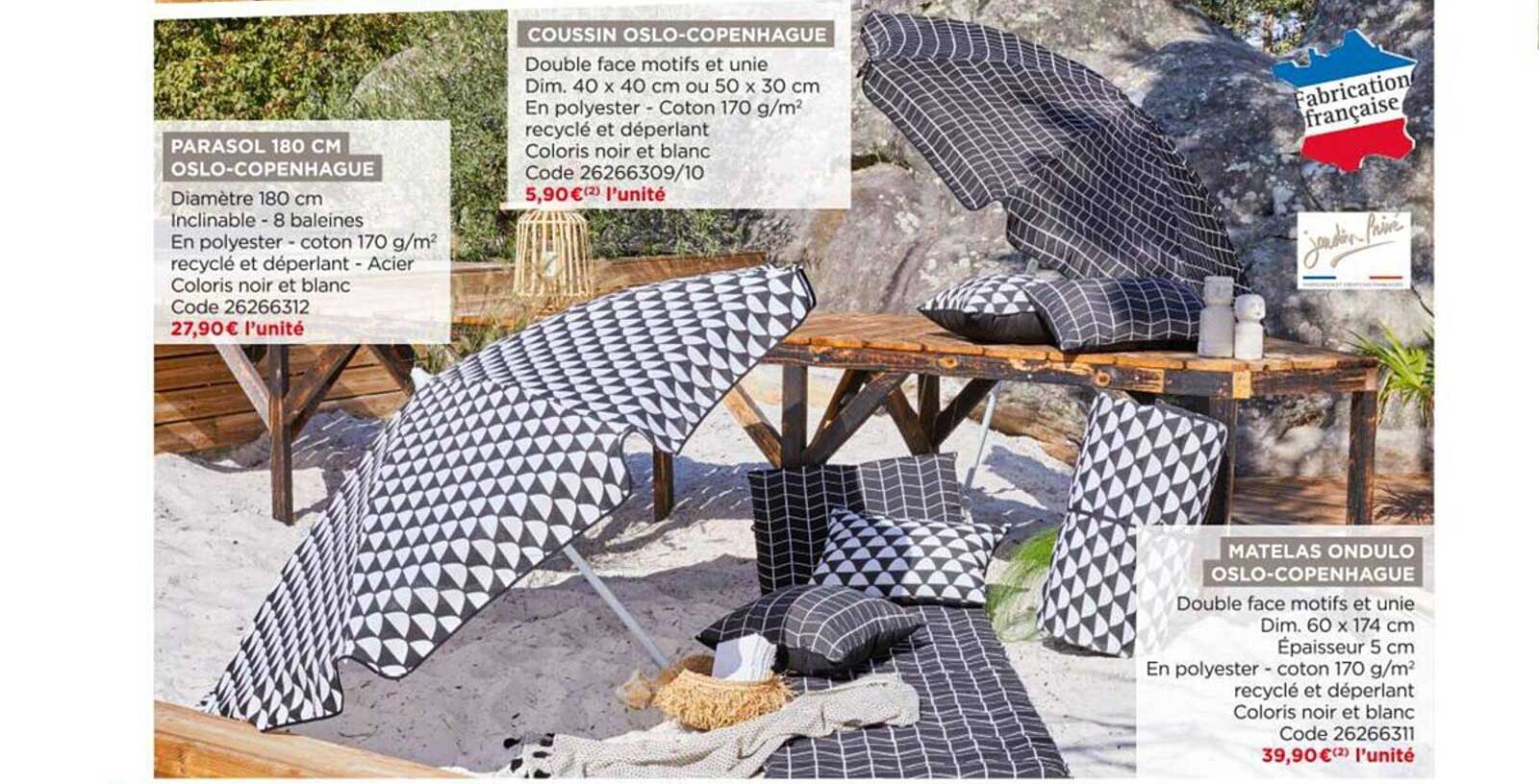 parasol 180 cm oslo-coenhague, coussin oslo-copenhague, matelas ondulo oslo-copenhague