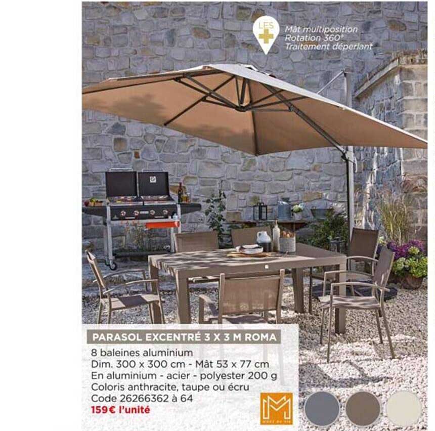 parasol excentré 3 x 3 m roma