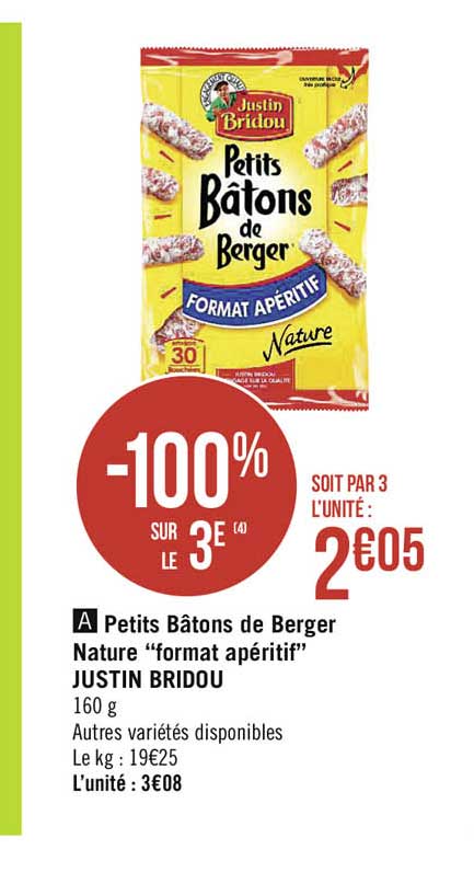 petits bâtons de berger nature "format apéritif" justin bridou
