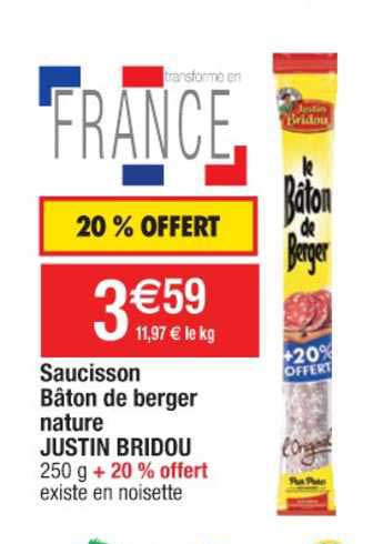 saucisson bâton de berger nature justin bridou
