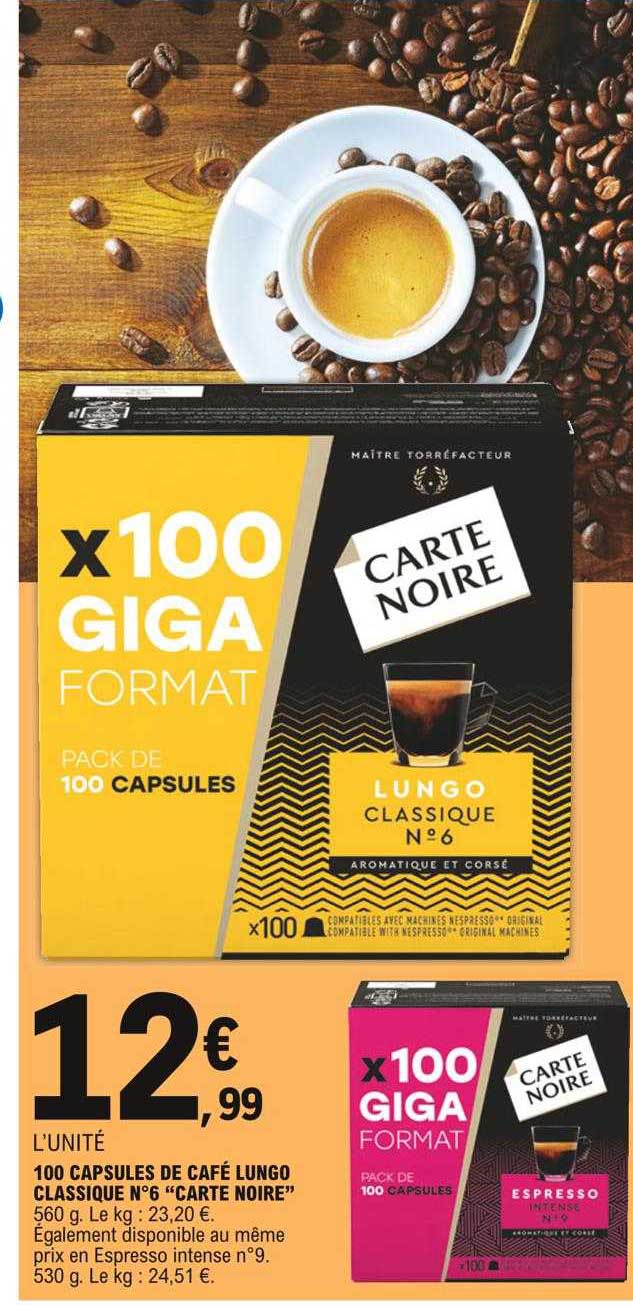 100 capsules de café lungo classique n° 6 "carte noire"