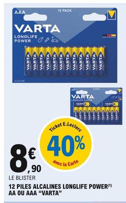 12 piles alcalines longlife power aa ou aaa "varta"