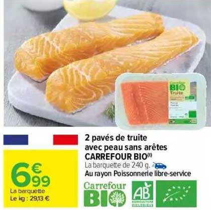 2 pavés de truite avec peau sans arêtes carrefour bio