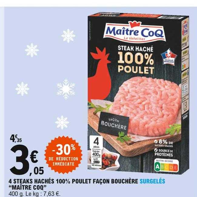 4 steaks hachés 100% poulet façon bouchère surgelés "maître coq"