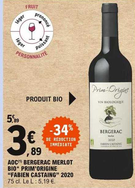 aoc bergerac merlot bio prim'origine "fabien castaing" 2020