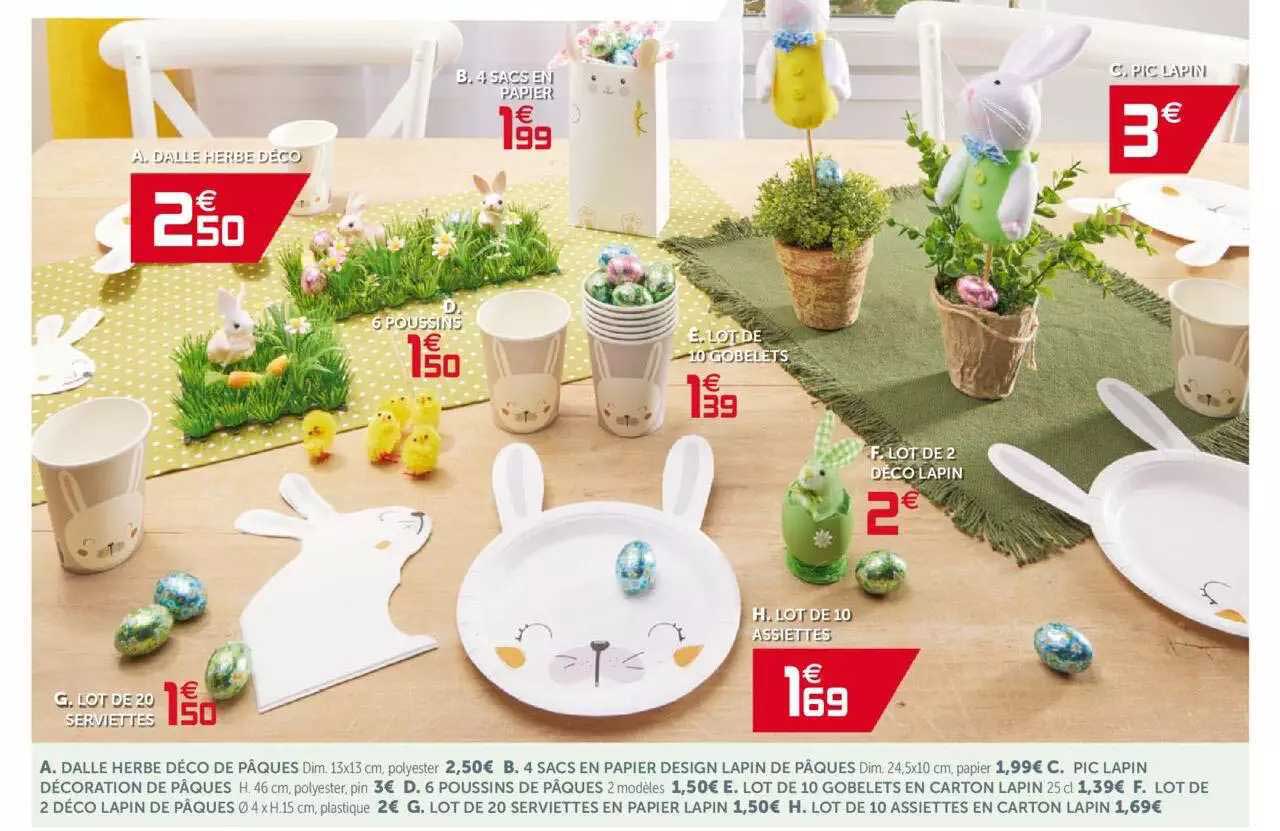 dalle herbe déco de pâques, 4 sacs en papier design lapin de pâques, pic lapin décoration de pâques, 6 poussins de pâques, lot de 10 gobelets en carton lapin, lot de 2 déco lapin de pâques