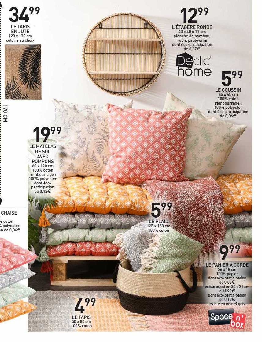 le tapis en jute, le matelas de sol, le plaid, le tapis, le panier à corde, le coussin, l'étagère ronde declic'home