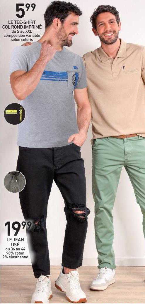 le tee-shirt col rond imprimé, le jean usé