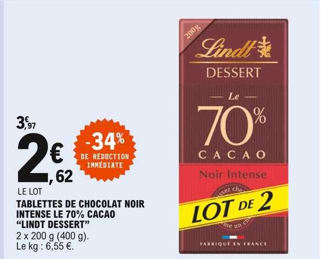 Tablettes De Chocolat Noir Intense Le 70% Cacao "lindt Dessert"