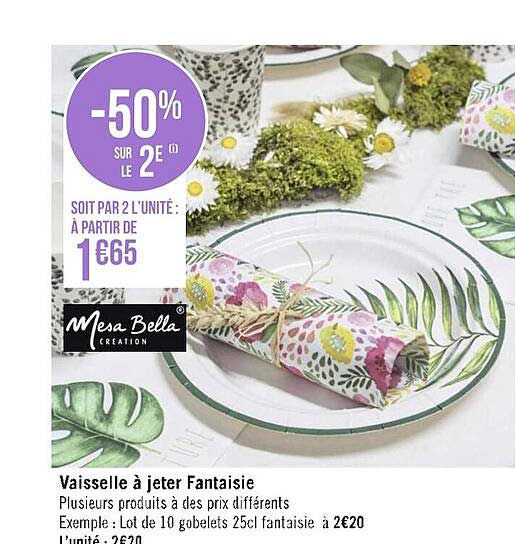 -50% sur le 2e vaisselle à jeter fantaisie
