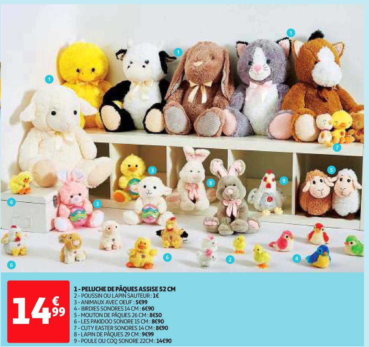 peluche de pâques assise 52 cm, poussin ou lapin sauteur, animaux avec œuf, bridies sonores 14 cm, mouton de pâques 26 cm, les pakidoo sonore 15 cm, cuty easter sonores 14 cm, lapin de pâques 29 cm