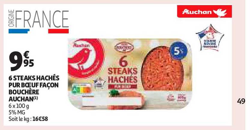 6 Steaks Hachés Pur Bœuf Façon Bouchère Auchan
