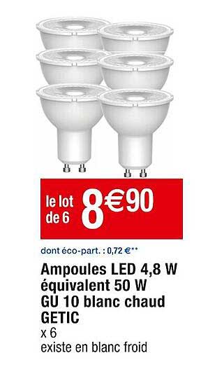 ampoules led 4,8w équivalent 50w gu 10 blanc chaud getic