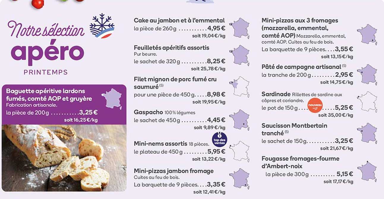 baguette apéritive lardons fumés, comté aop et gruyère, cake au jambon et à l'emmental, feuilletés apéritifs assortis, filet mignon de porc fumé cru saumuré, gaspacho, mini-nems assortis, mini-pizzas