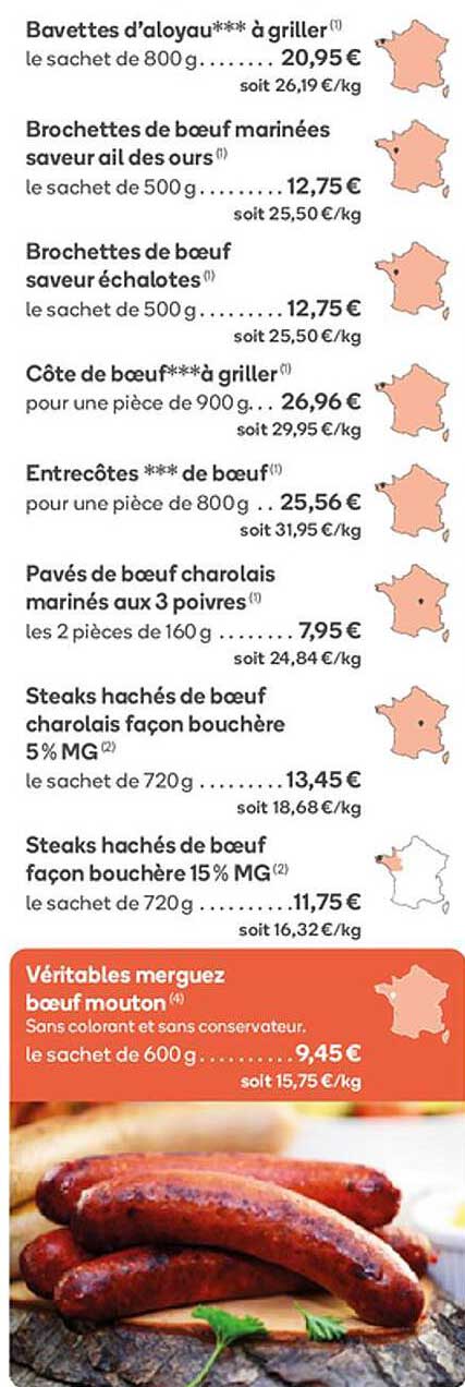 bavettes d'aloyau***à griller, brochettes de bœuf marinées saveur ail des ours, brochettes de bœuf saveur échalotes, côte de bœuf***à griller, entrecôtes***de bœuf, pavé de bœuf charolais marinés