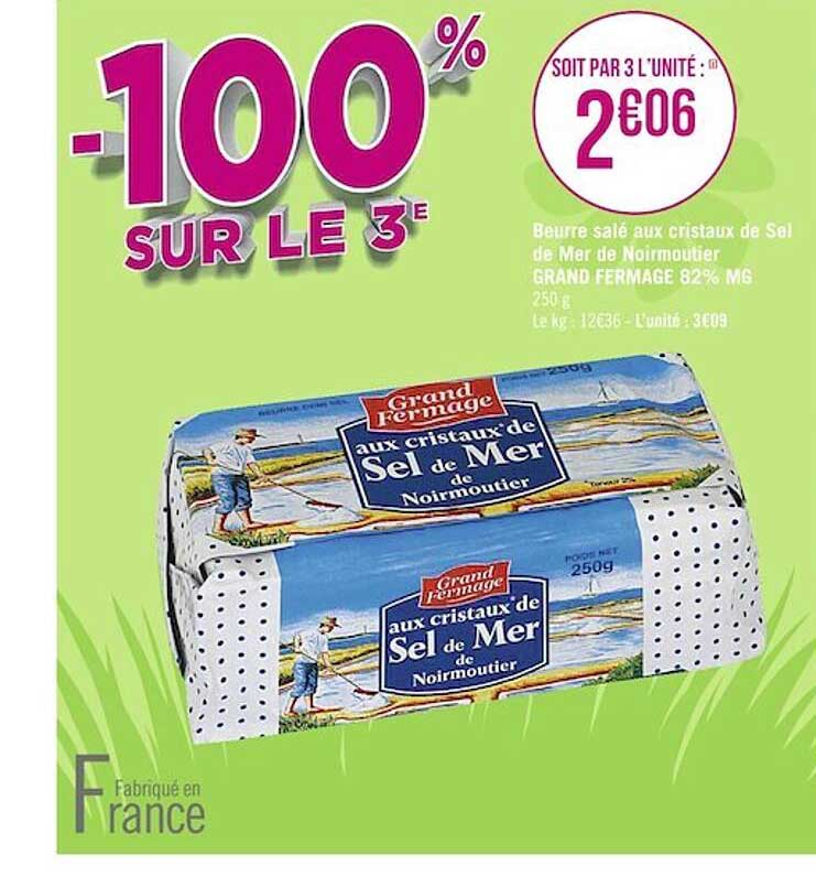 beurre salé aux cristaux de sel de mer de noirmoutier grand fermage 82% m.g.
