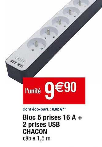 bloc 5 prises 16A + 2 prises usb chacon