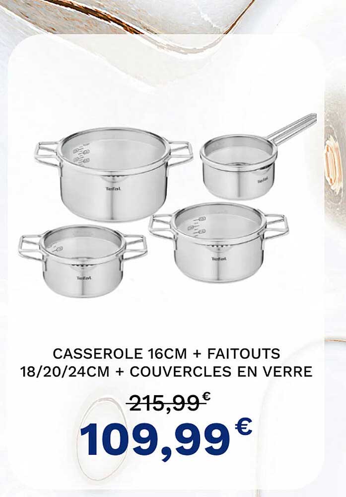casserole 16 cm + faitouts 18-20-24 cm + couvercles en verre