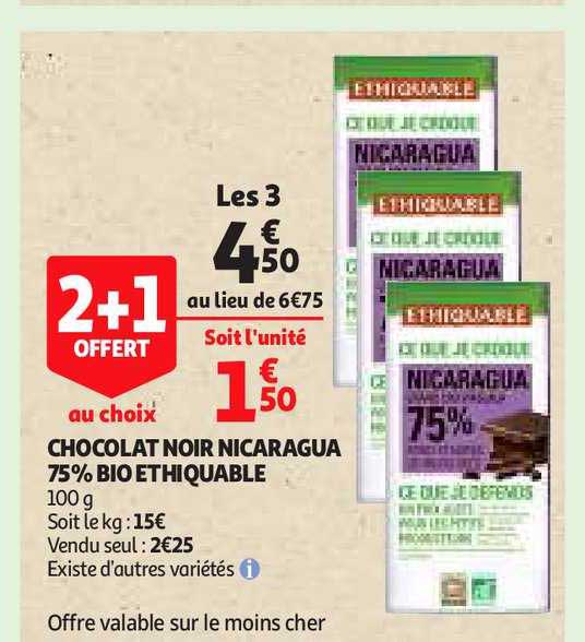 chocolat noir nicaragua 75% bio éthiquable