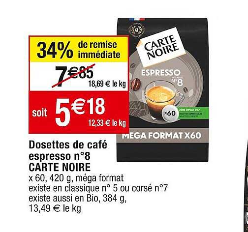dosettes de café espresso n°8 carte noire