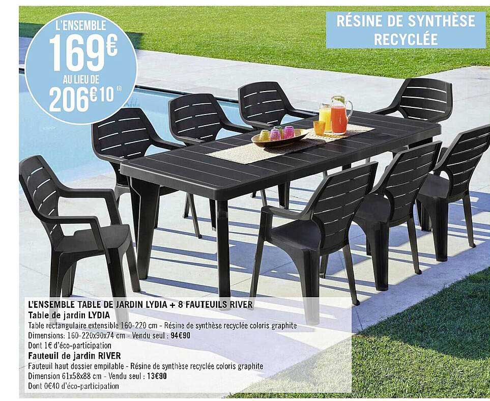 l'ensemble table de jardin lydia + 8 fauteuils river table de jardin lydia