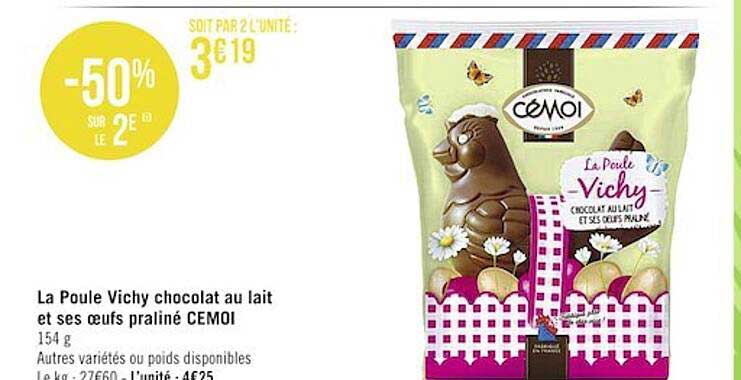 la poule vichy chocolat au lait et ses œufs praliné cémoi
