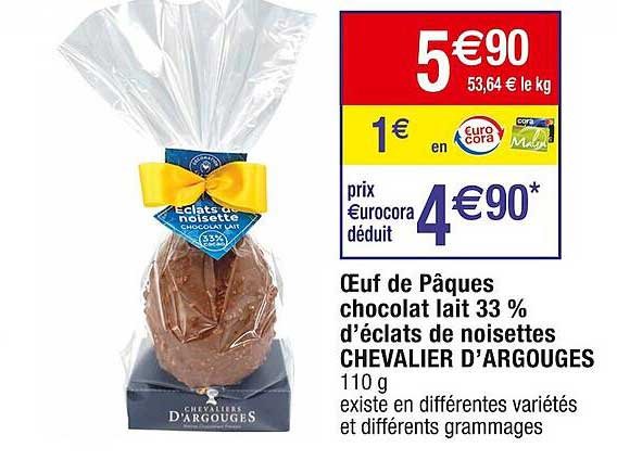 œuf de pâques chocolat lait 33% d'éclats de noisettes chevalier d'Argouges