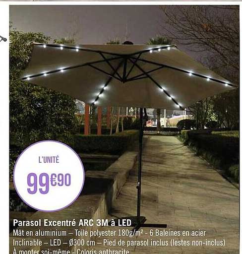 parasol excentré arc 3m à led