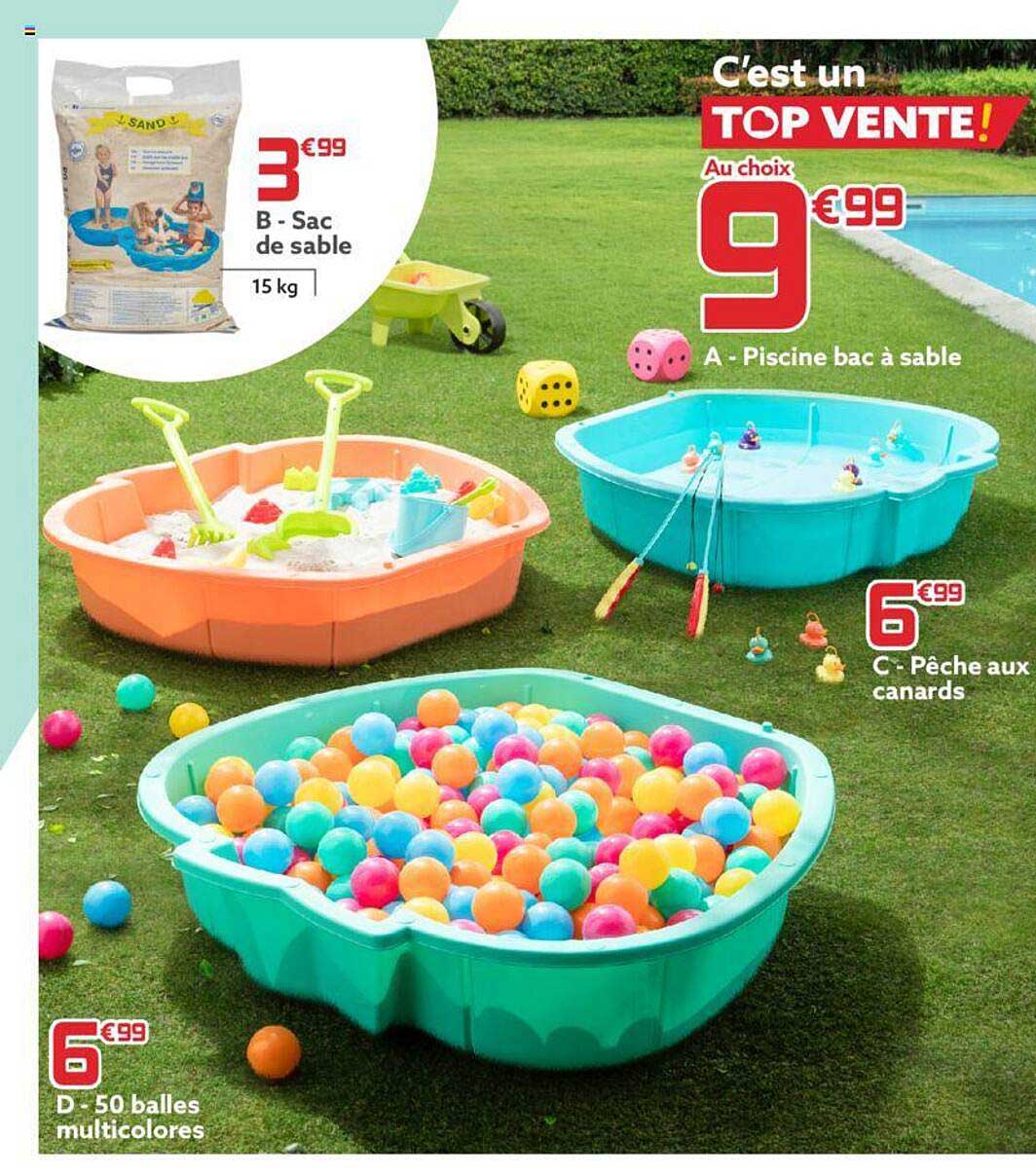 piscine bac à sable, pêche aux canards, 50 balles multicolores, sac de sable