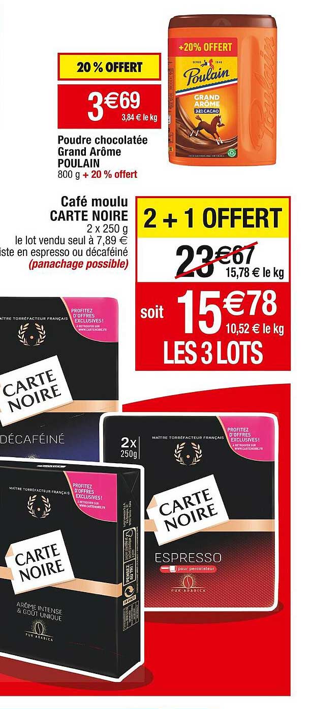 poudre chocolatée grand arôme poulain, café moulu carte noire