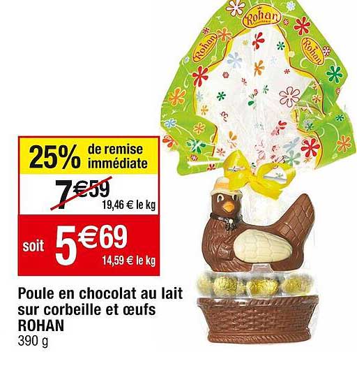 poule en chocolat au lait sur corbeille et œufs rohan