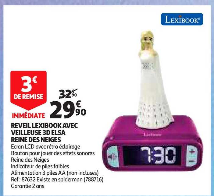réveille lexibook avec veilleuse 3d elsa reine des neiges