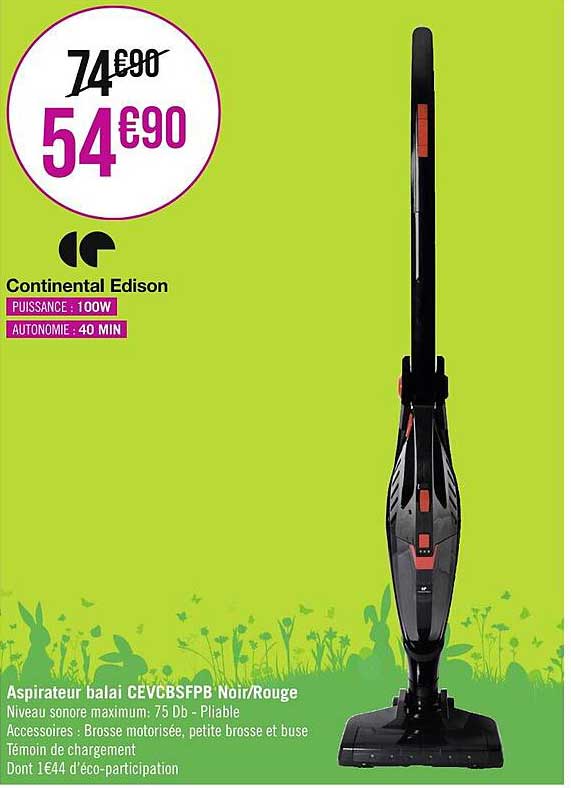 aspirateur balai cevcbsfpb noir/rouge continental edison