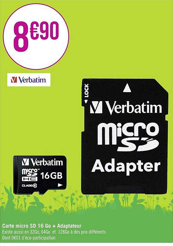 carte micro sd 16 go + adapteur verbatim