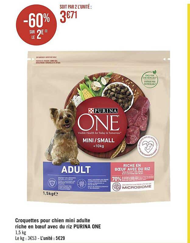 croquettes pour chien mini adulte riche en bœuf avec du riz purina one