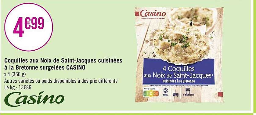coquilles aux noix de saint-jacques cuisinées à la bretonne surgelées casino
